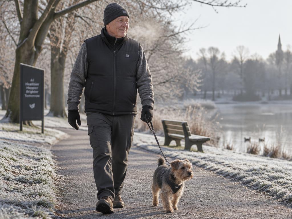 Älterer Mann geht in beheizter Weste bei Frost mit seinem Hund spazieren